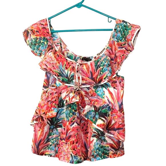 J. Crew Size 2 Floral Frilly Blouse Vibrant Pineapple Floral Pink Green White - Picture 1 of 7